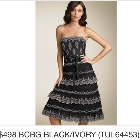 BCBGMaxazria |Tiered Black & Ivory Strapless Dress - Picture 2 of 8